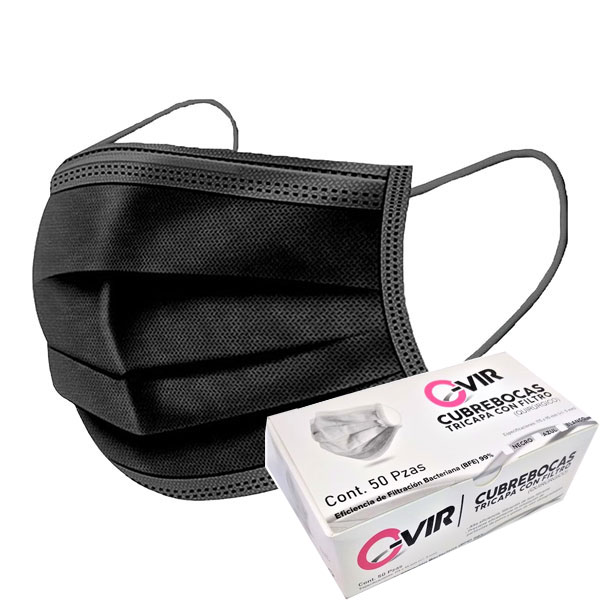 100 Cubrebocas Tricapa Quirúrgico 99% De Filtración Negro