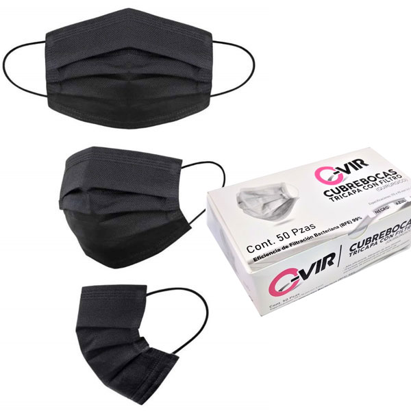 100 Cubrebocas Tricapa Quirúrgico 99% De Filtración Negro