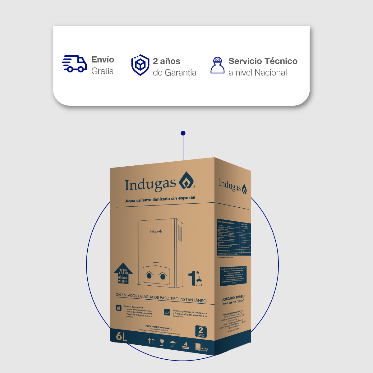 Calentador de Agua Indugas Instantaneo 6 Litros por Min GAS Natural 1 Servicio