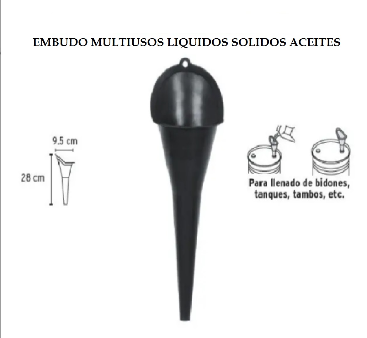 Embudo plástico 2.5", Para usos generales y gasolina, llenado de bidones, tanques, tambos, botes, botellas.
