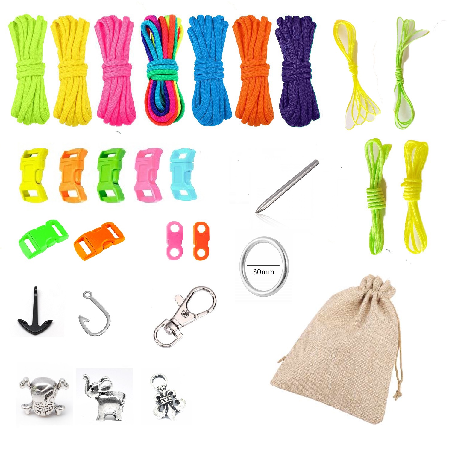 Cuerda Paracord Kit Con Broches Accesorios Manualidad Kit25 combo neon