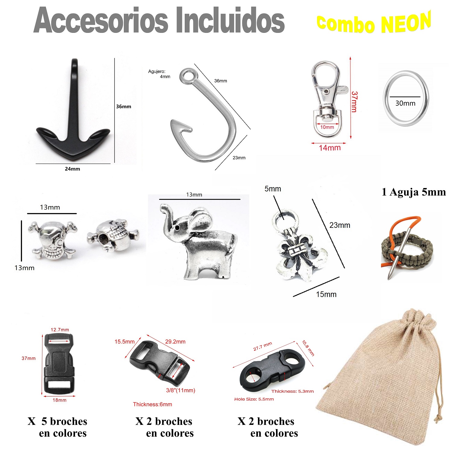 Cuerda Paracord Kit Con Broches Accesorios Manualidad Kit25 combo neon