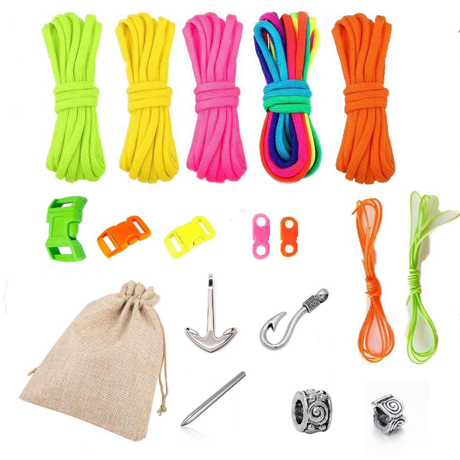 Cuerda Paracord Kit Con Broches Accesorios Manualidad Kit12 Combo Neon 
