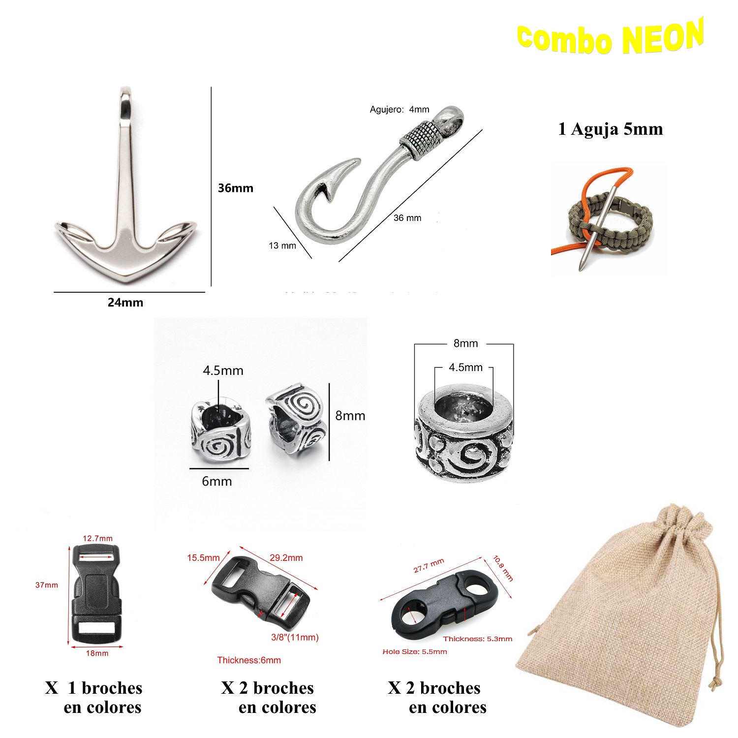 Cuerda Paracord Kit Con Broches Accesorios Manualidad Kit12 Combo Neon 