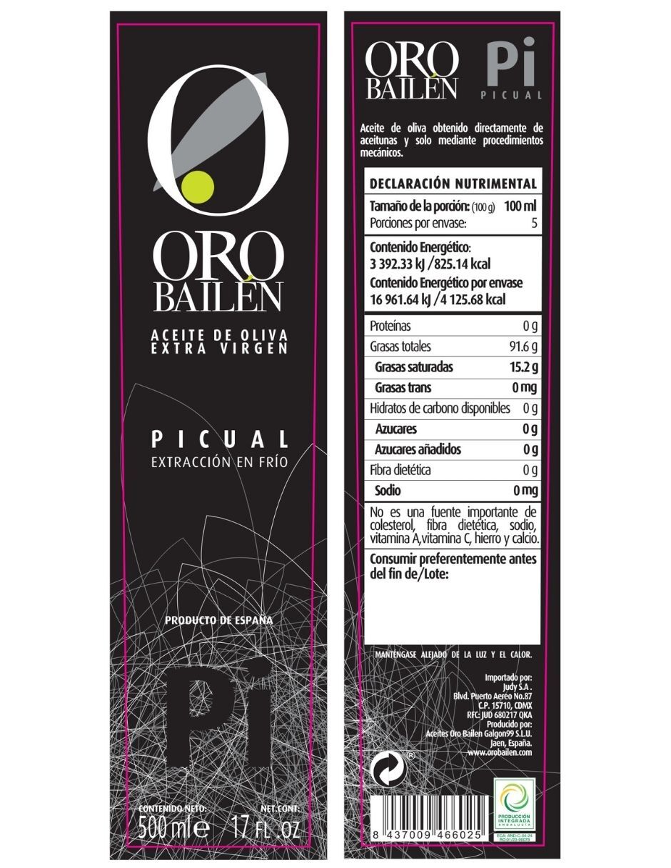 Aceite de Oliva Extra Virgen - Categoria Superior - ORO BAILEN - Cosecha 2020/2021 - 500 ml - Picual