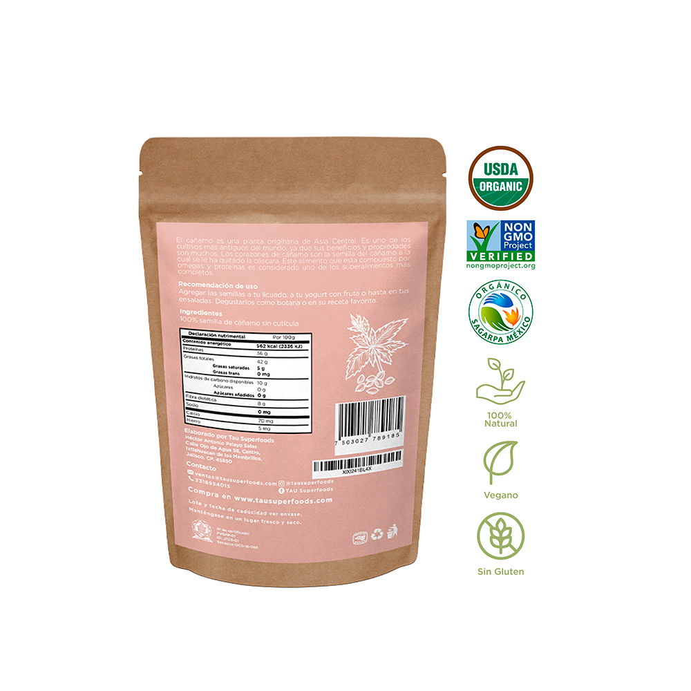 Hemp Hearts Orgánicos 250 gramos TAU Superfoods, Vegano, Natural, sin GMOs, Keto, sin Gluten