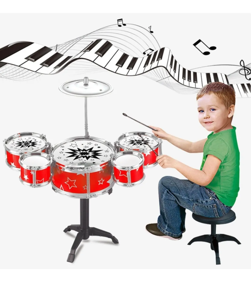 Bateria Niños Musical Juguete Baquetas Platillo Bombo Azul