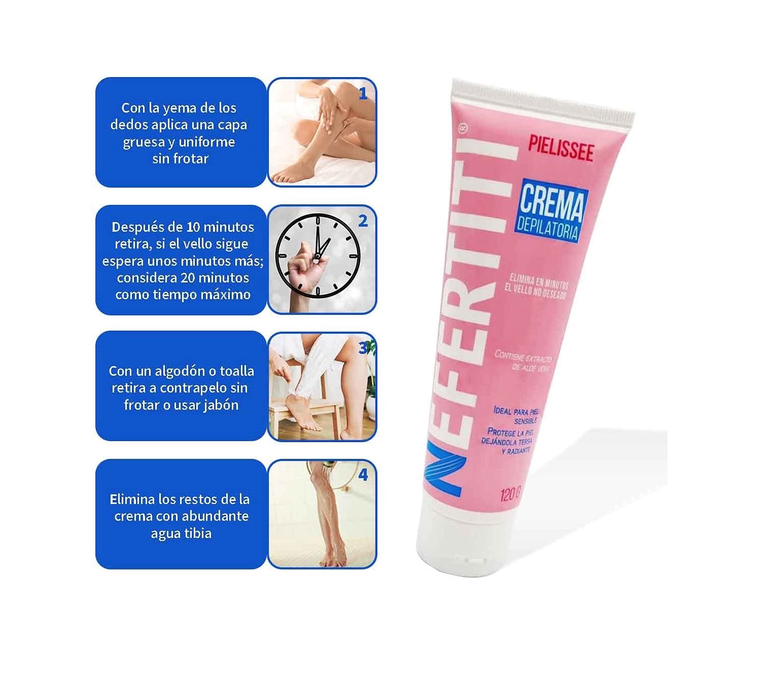 Crema Depiladora Nefertiti para Piel Sensible con Aloe Vera, Rostro, Piernas, Brazos, Axilas y Área de Bikini, Protege y Humecta la Piel, Hombre y Mujer, 120gr.