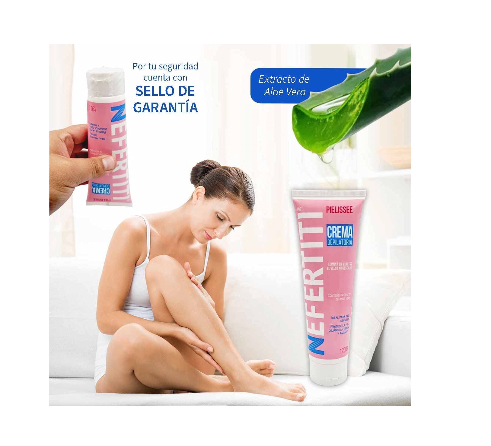 Crema Depiladora Nefertiti para Piel Sensible con Aloe Vera, Rostro, Piernas, Brazos, Axilas y Área de Bikini, Protege y Humecta la Piel, Hombre y Mujer, 120gr.