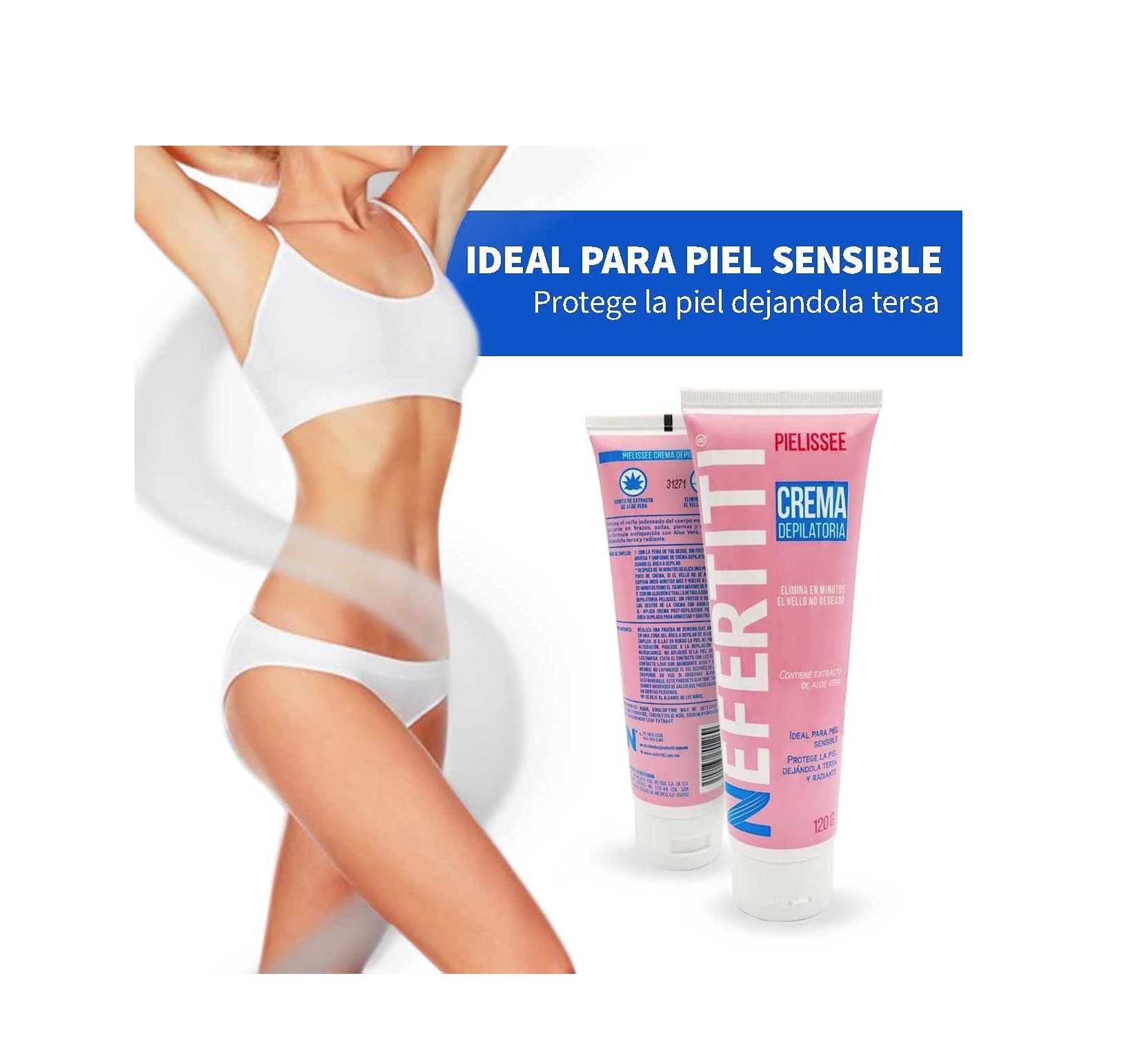 Crema Depiladora Nefertiti para Piel Sensible con Aloe Vera, Rostro, Piernas, Brazos, Axilas y Área de Bikini, Protege y Humecta la Piel, Hombre y Mujer, 120gr.