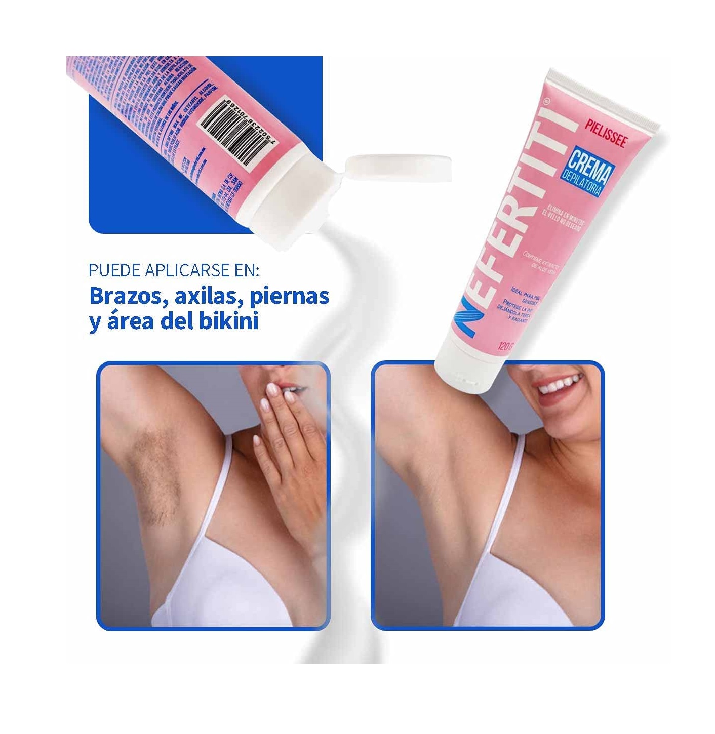 Crema Depiladora Nefertiti para Piel Sensible con Aloe Vera, Rostro, Piernas, Brazos, Axilas y Área de Bikini, Protege y Humecta la Piel, Hombre y Mujer, 120gr.