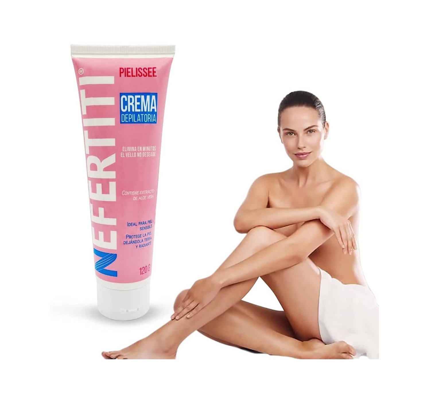 Crema Depiladora Nefertiti para Piel Sensible con Aloe Vera, Rostro, Piernas, Brazos, Axilas y Área de Bikini, Protege y Humecta la Piel, Hombre y Mujer, 120gr.
