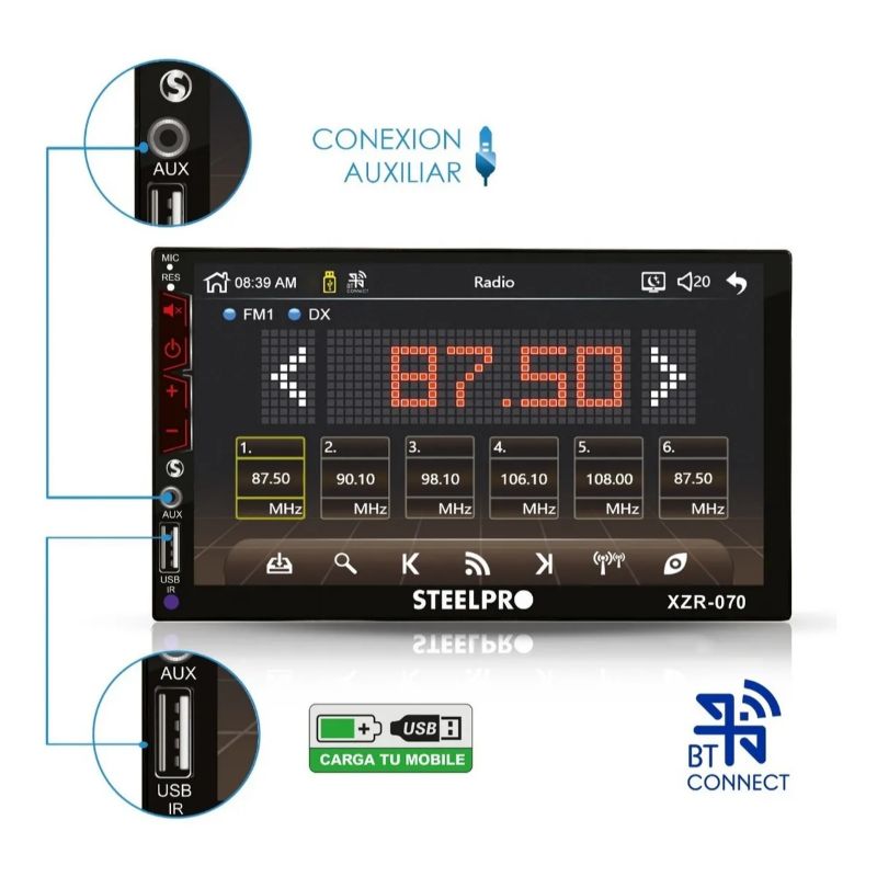 Autoestéreo Steelpro Mirror Link Pantalla Táctil 7 Bluetooth  XZR-070