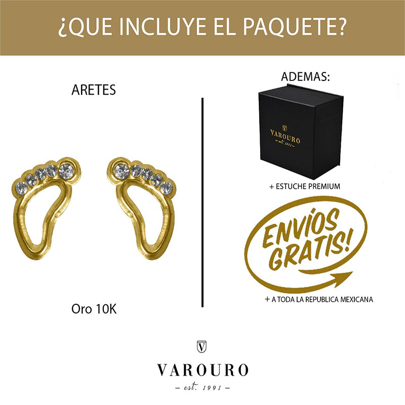 Aretes Broqueles Huella Bebé VAROURO Oro 10k Mamá Piercing + Estuche