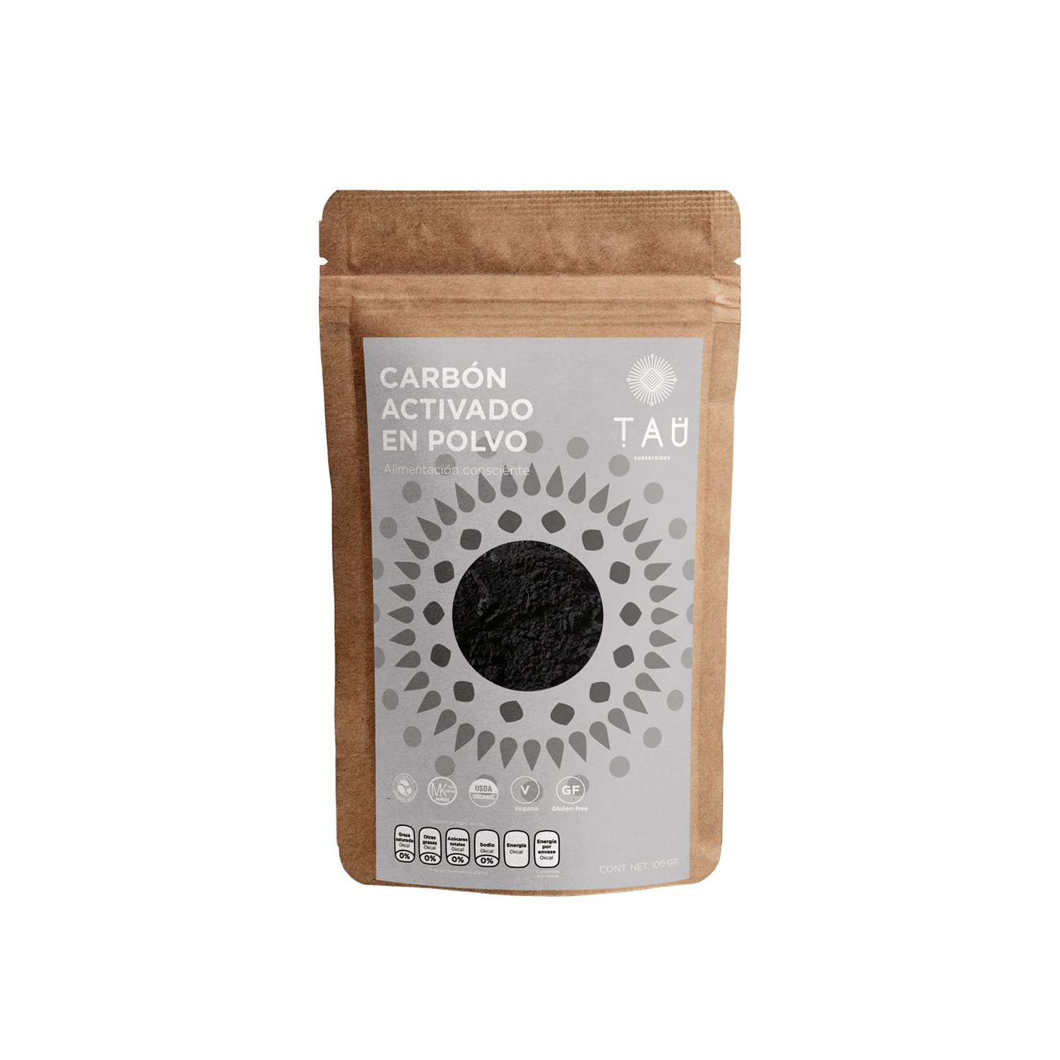 Carbón Activado Puro 100 gramos en Polvo TAU Superfoods Orgánico, Grado Alimenticio, Origen Vegetal