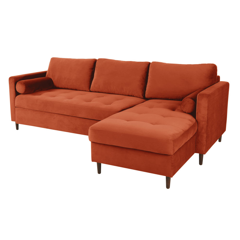 Monarca - Sofacama esquinero estilo moderno en terciopelo color naranja