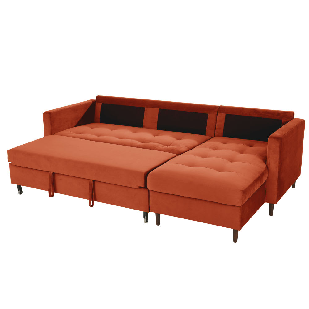 Monarca - Sofacama esquinero estilo moderno en terciopelo color naranja