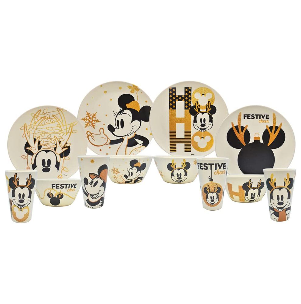 Vajilla Mickey Mouse Navidad Ecologica De Bambú Disney Colección 12 Piezas Para 4 personas