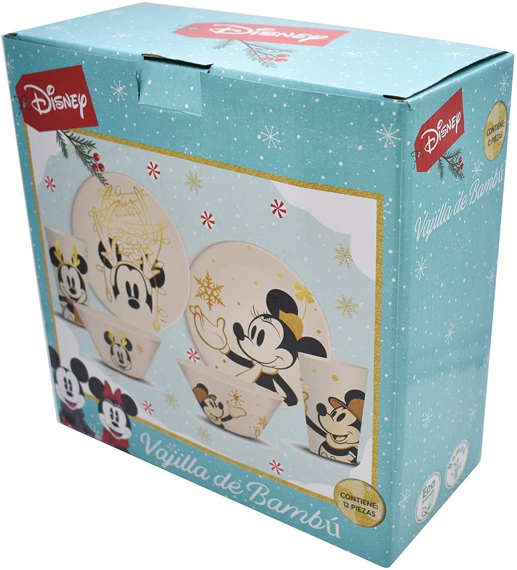 Vajilla Mickey Mouse Navidad Ecologica De Bambú Disney Colección 12 Piezas Para 4 personas