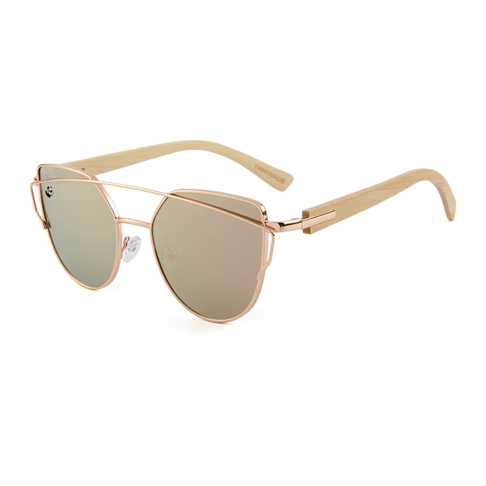 Lentes Gafas de Sol PANDAS para Mujer Dama de Madera de Bambú Ojo de Gato Espejados UV400 Pardela Oro Rosas