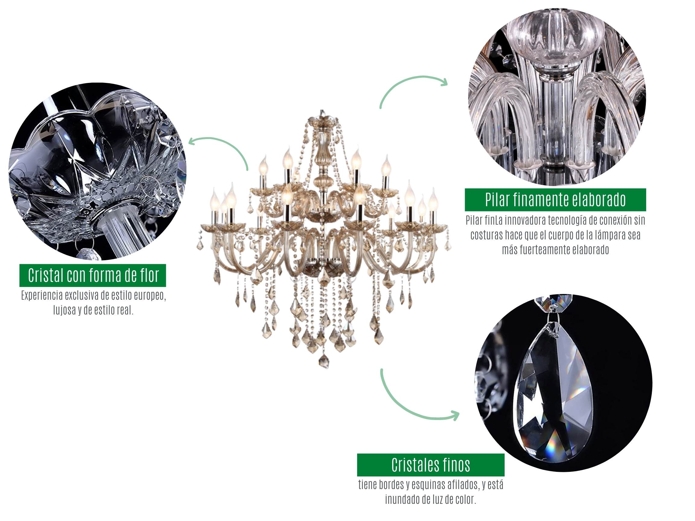 Lámpara candil de cristal candelabro 12+6 focos estilo elegante