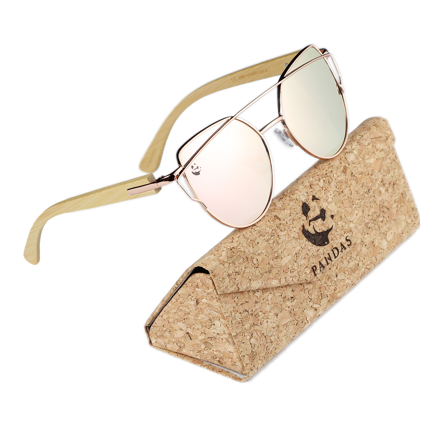 Lentes Gafas de Sol PANDAS para Mujer Dama de Madera de Bambú Ojo de Gato Espejados UV400 Pardela Oro Rosas