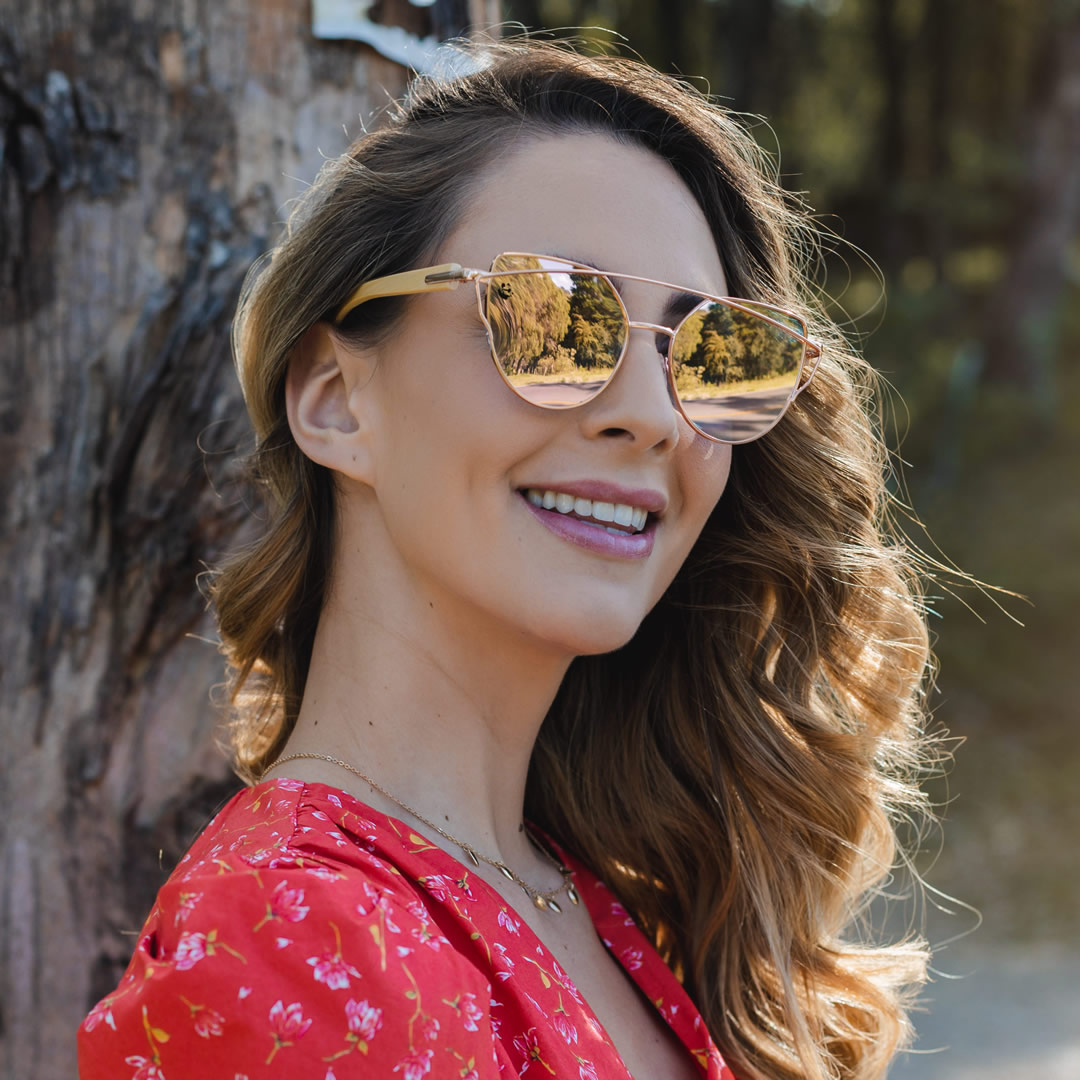 Lentes Gafas de Sol PANDAS para Mujer Dama de Madera de Bambú Ojo de Gato Espejados UV400 Pardela Oro Rosas