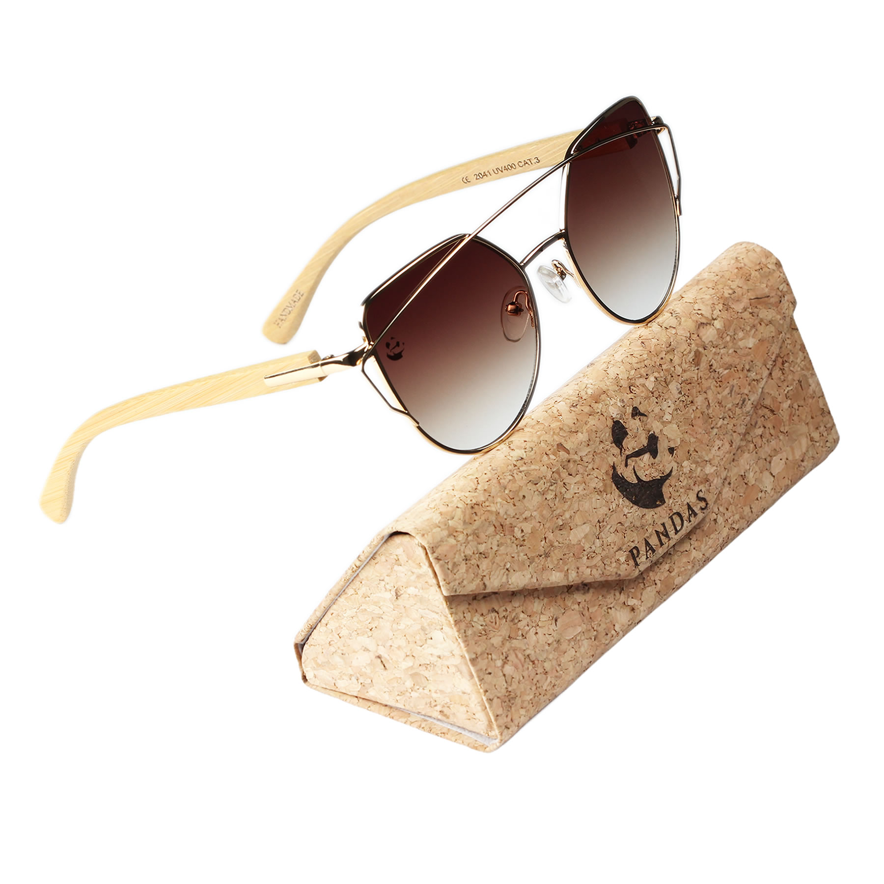 Lentes Gafas de Sol PANDAS para Mujer Dama de Madera de Bambú Ojo de Gato Degradados UV400 Pardela Café Marrón