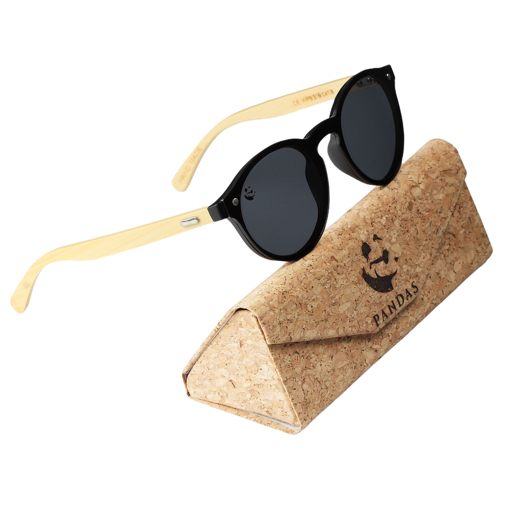 Lentes Gafas de Sol PANDAS Unisex para Hombre y Mujer de Madera de Bambú Redondos Circulares Oscuros UV400 Mapache Negro
