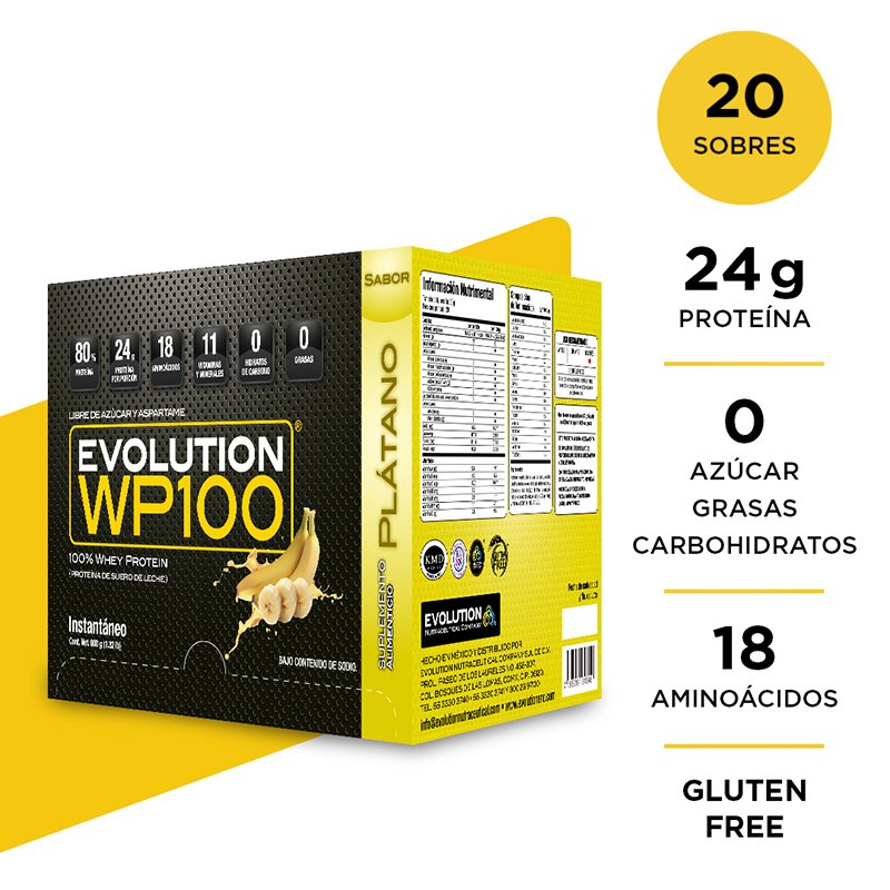 Evolution WP100 proteína de suero de leche plátano caja 20 sobres
