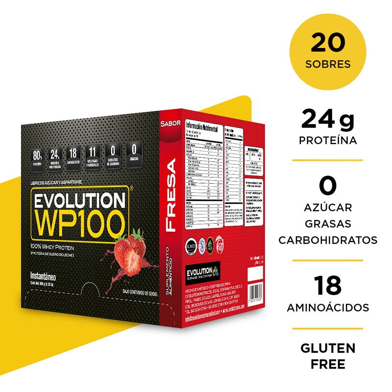 Evolution WP100 proteína de suero de leche fresa caja 20 sobres