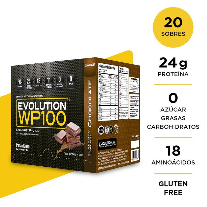 Evolution WP100 proteína de suero de leche chocolate caja 20 sobres