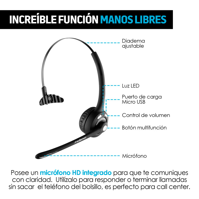 call center audifonos bluetooth con control de volumen