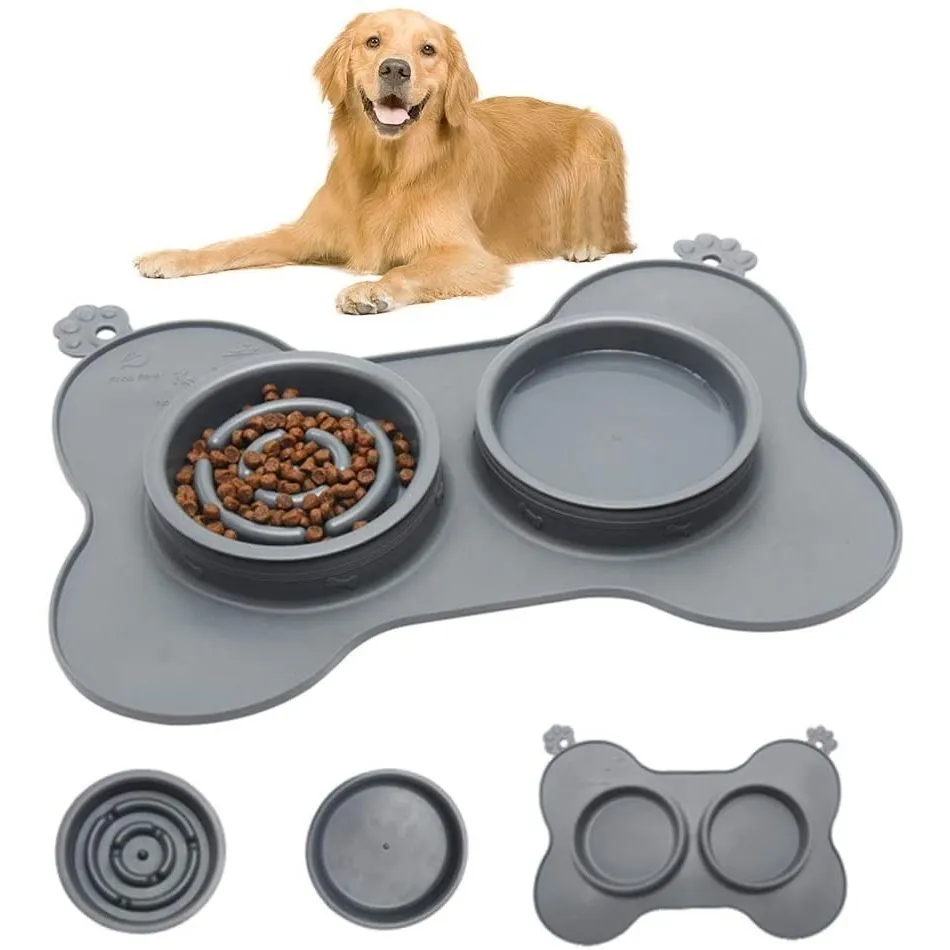 Large Perro Bowl Lento Alimentador Tazón 3 En 1 Para Perros Gris