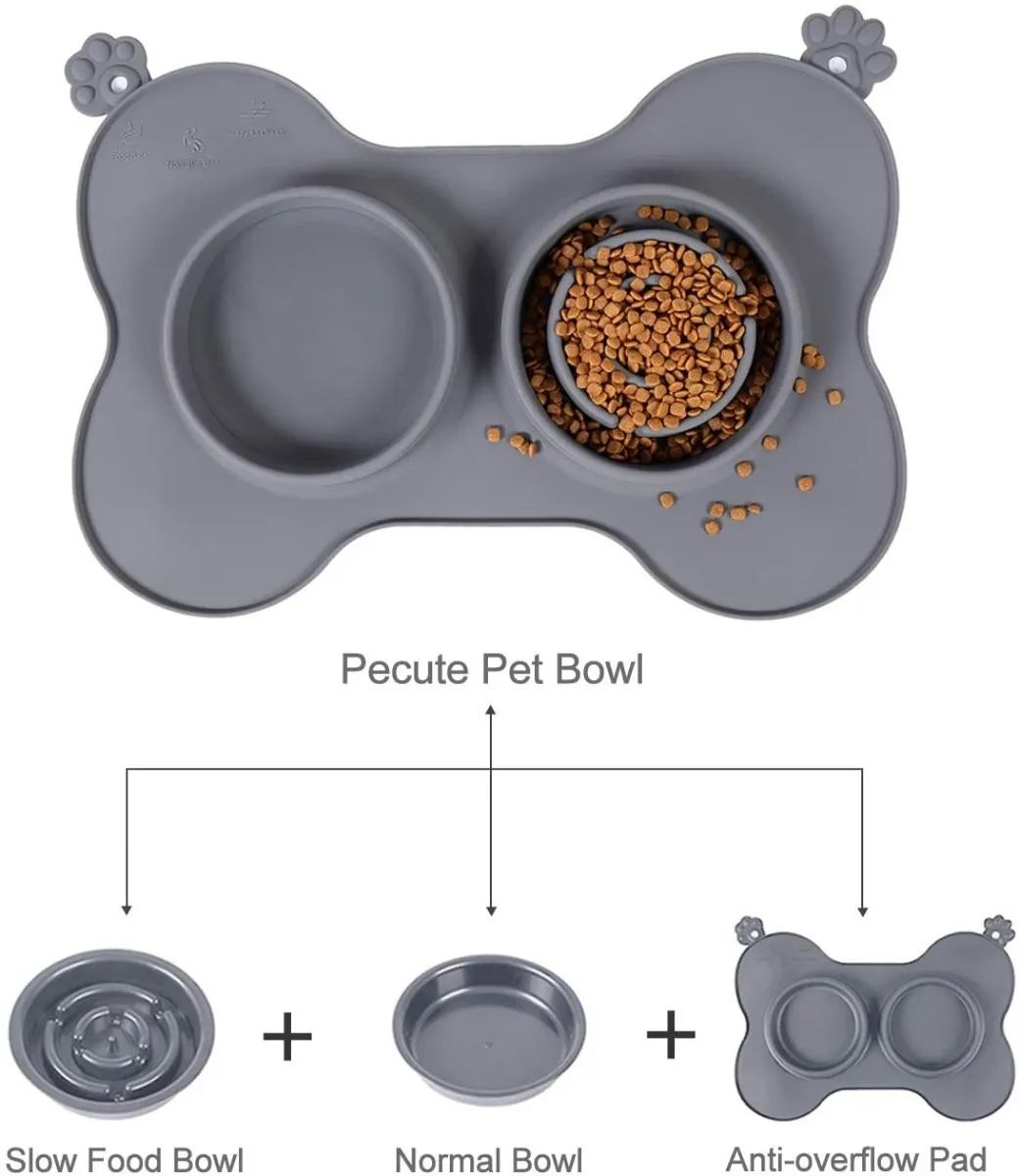 Large Perro Bowl Lento Alimentador Tazón 3 En 1 Para Perros Gris