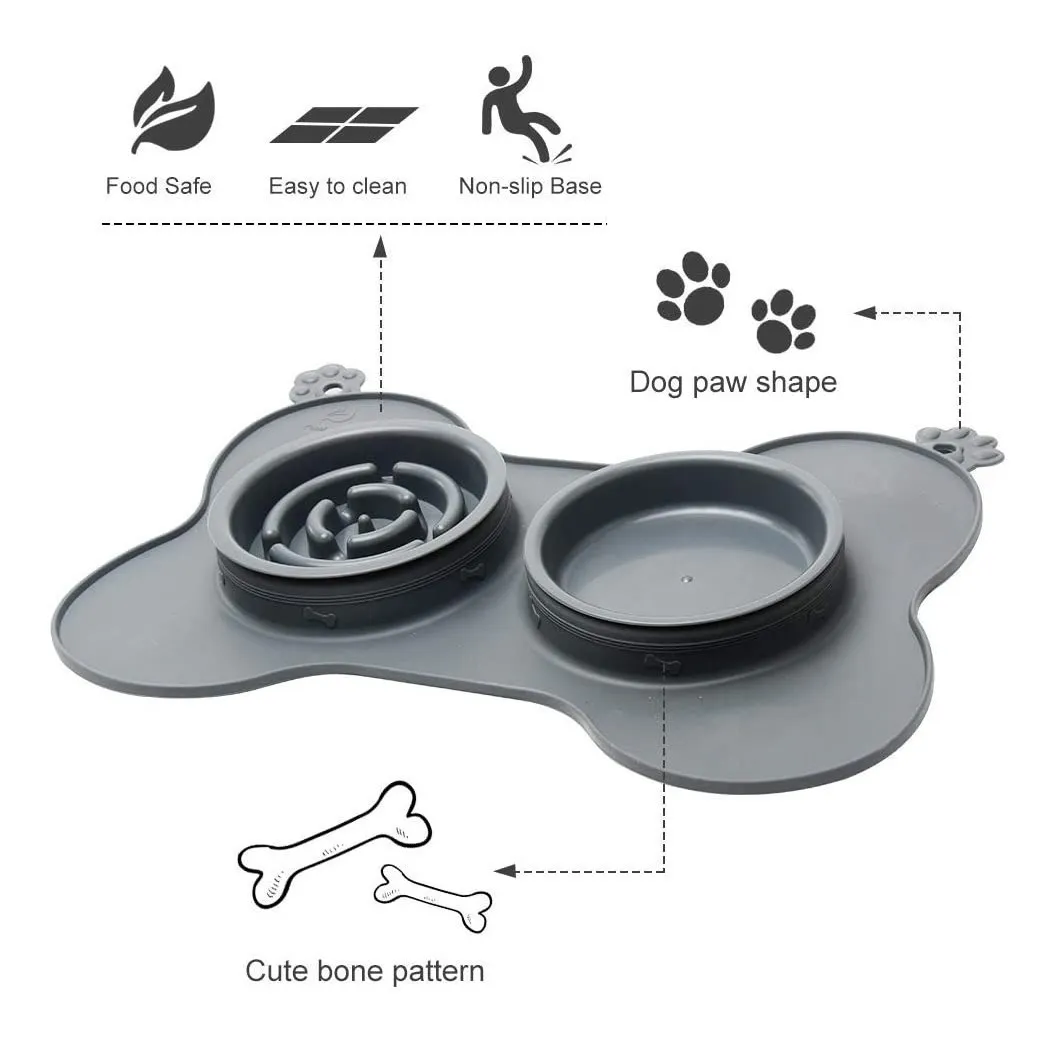 Large Perro Bowl Lento Alimentador Tazón 3 En 1 Para Perros Gris