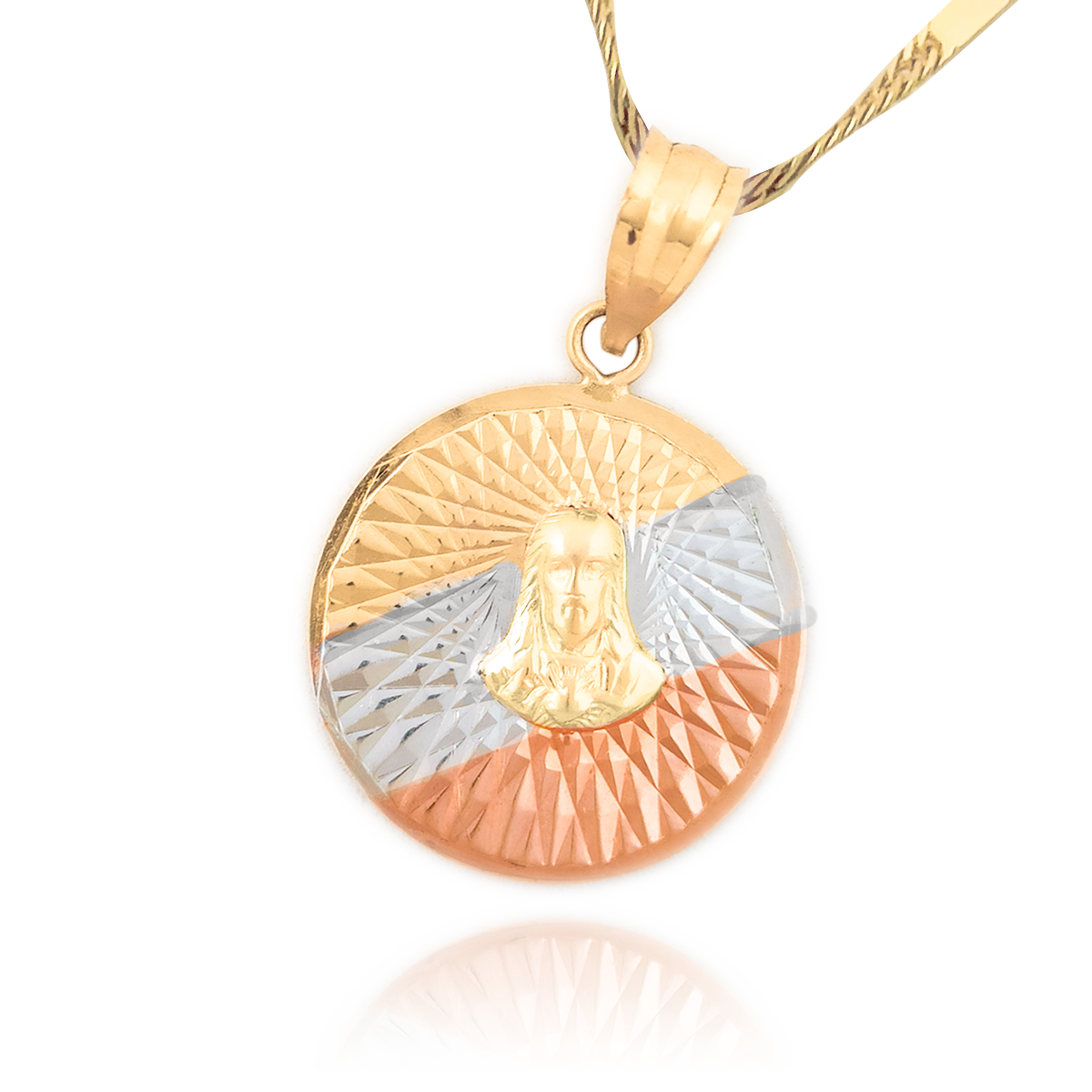 Medalla (Sin Cadena) Oro 18k Laminado #265 Forma Circular Sagrado Corazón de Jesús Destalles Estilo Florentino Alto 2.4 cm Diámetro 1.6 cm