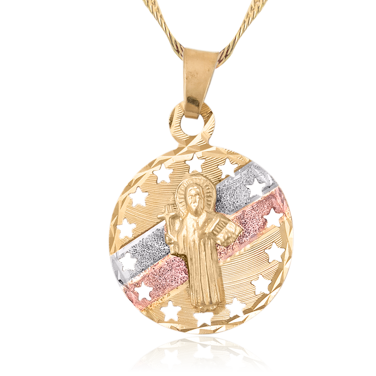 Medalla (Sin Cadena) Oro 18k Laminado #271 Forma Circular San Judas Tadeo con Estrellas Grabadas Estilo Florentino Alto 2.7 cm Diámetro 1.8 cm