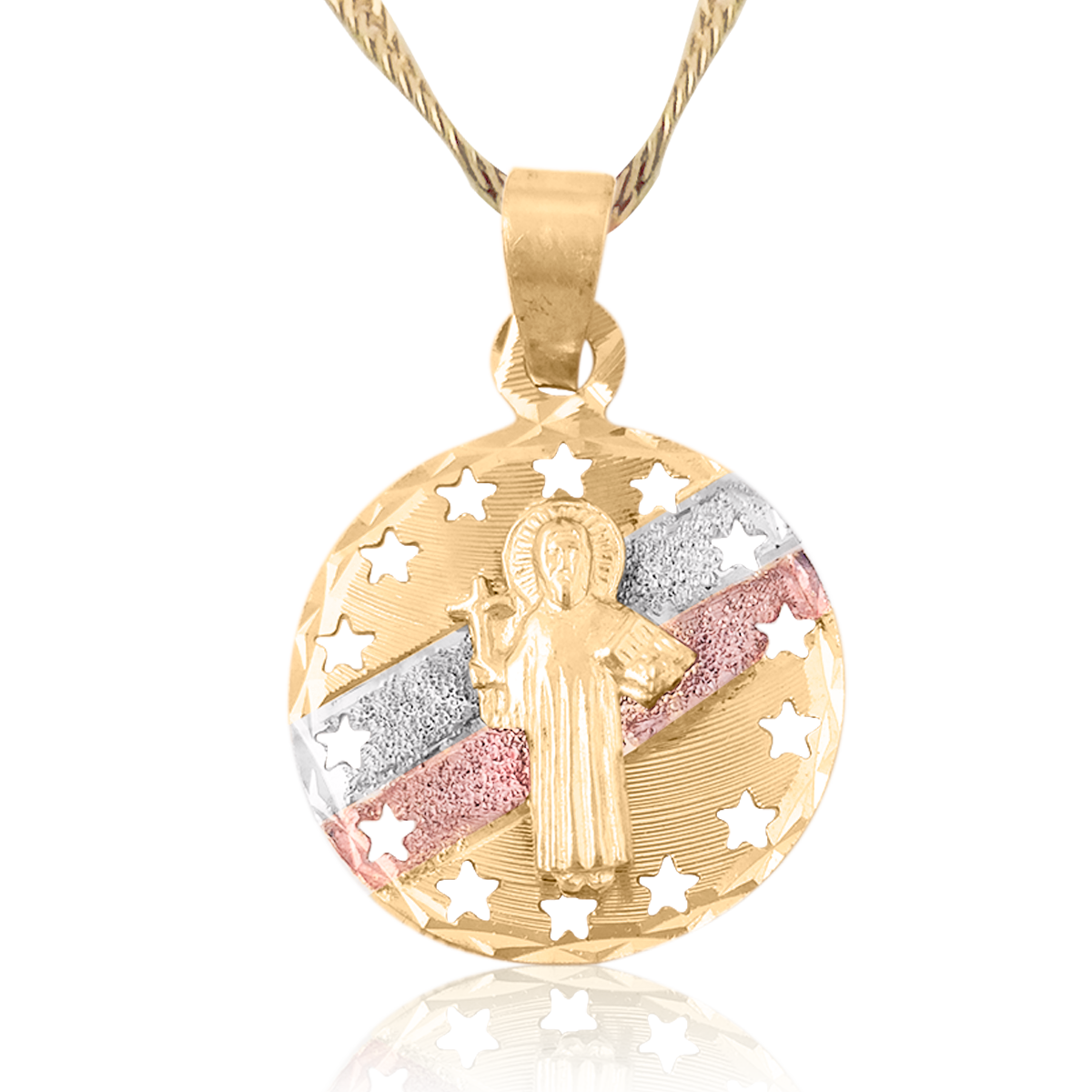 Medalla (Sin Cadena) Oro 18k Laminado #271 Forma Circular San Judas Tadeo con Estrellas Grabadas Estilo Florentino Alto 2.7 cm Diámetro 1.8 cm