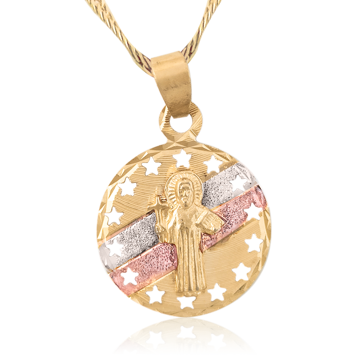 Medalla (Sin Cadena) Oro 18k Laminado #271 Forma Circular San Judas Tadeo con Estrellas Grabadas Estilo Florentino Alto 2.7 cm Diámetro 1.8 cm