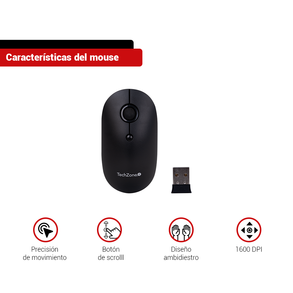 KIt Teclado y Mouse Inalámbrico TechZone con Teclado Numérico y Clic Silencioso