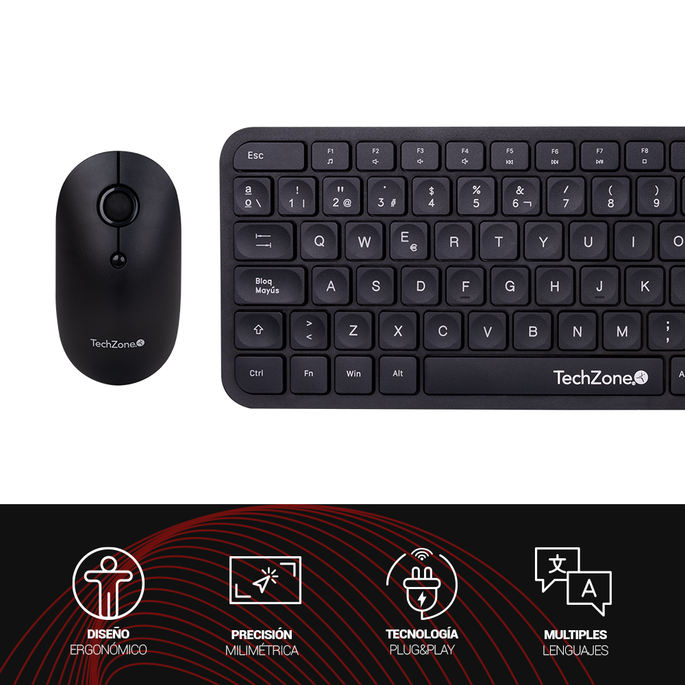KIt Teclado y Mouse Inalámbrico TechZone con Teclado Numérico y Clic Silencioso