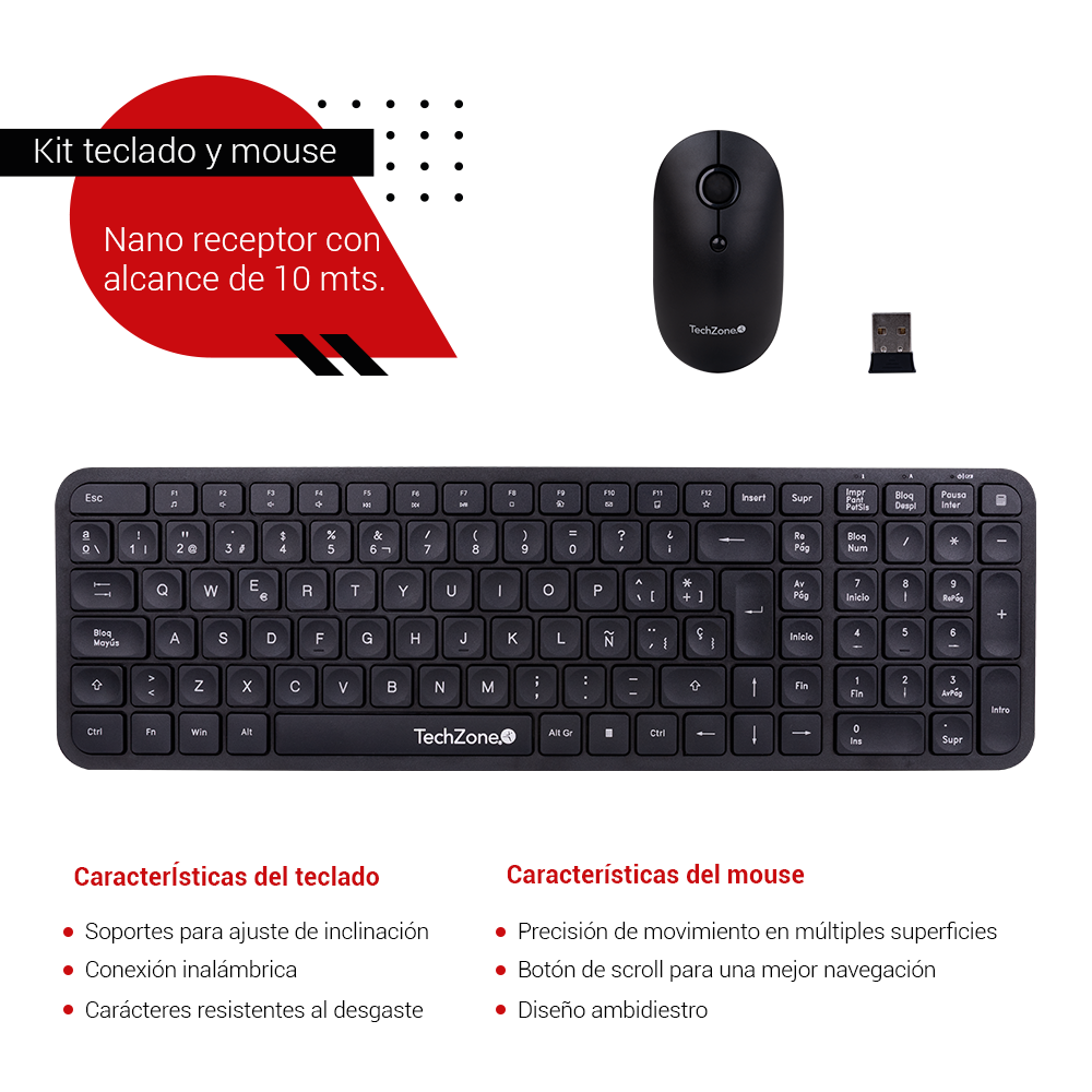 KIt Teclado y Mouse Inalámbrico TechZone con Teclado Numérico y Clic Silencioso