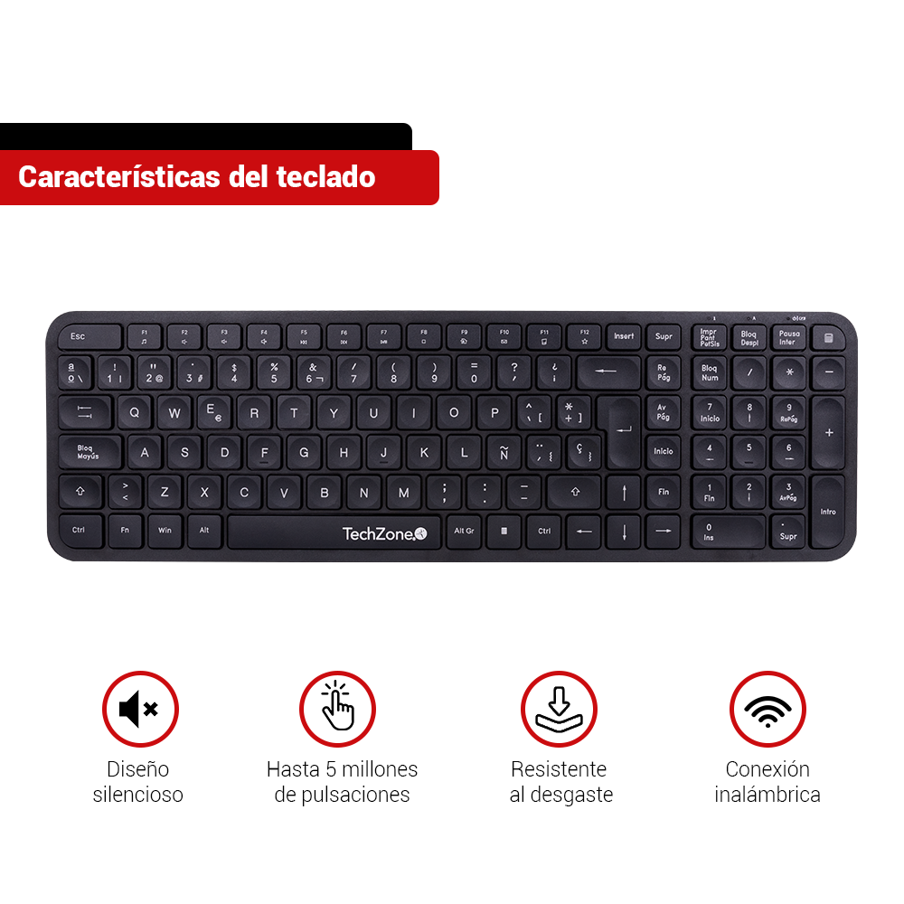 KIt Teclado y Mouse Inalámbrico TechZone con Teclado Numérico y Clic Silencioso