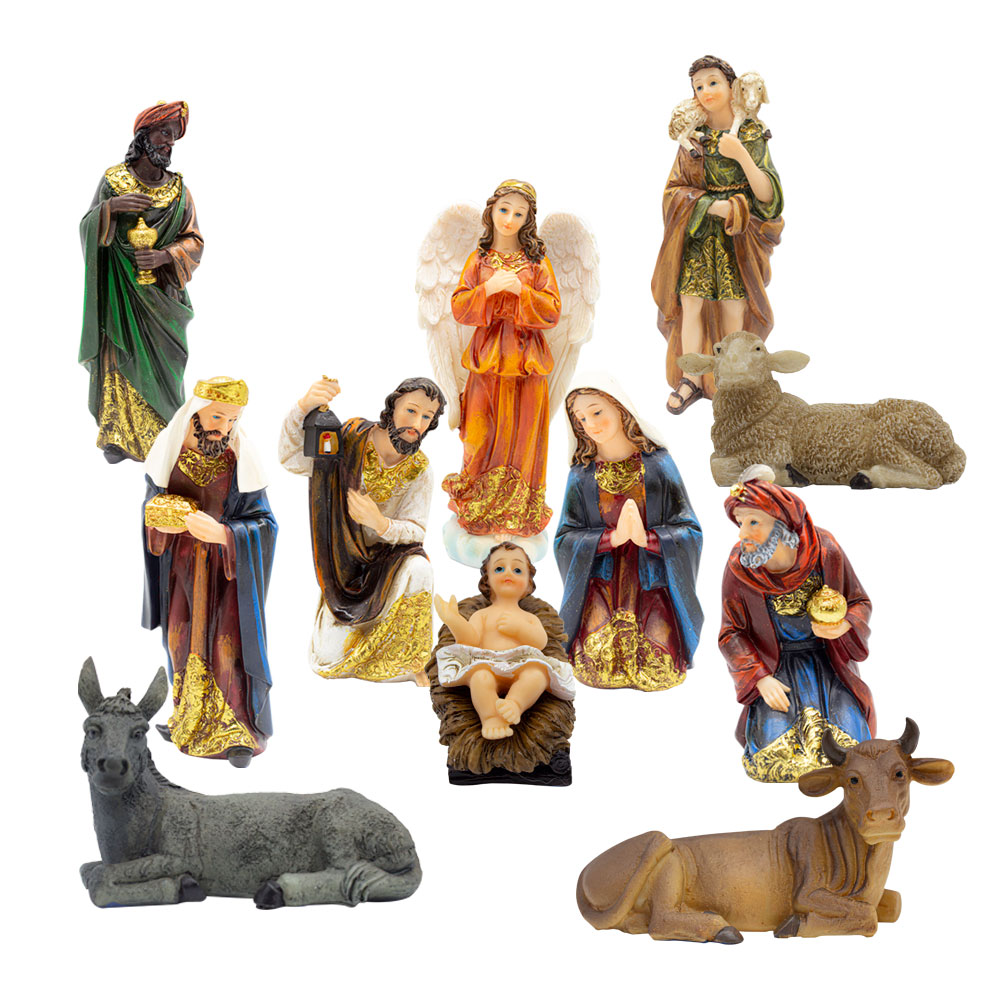 El Nacimiento Navideño Niño Jesús Tradicional 11 pz Resina Resistente Detalles Dorado