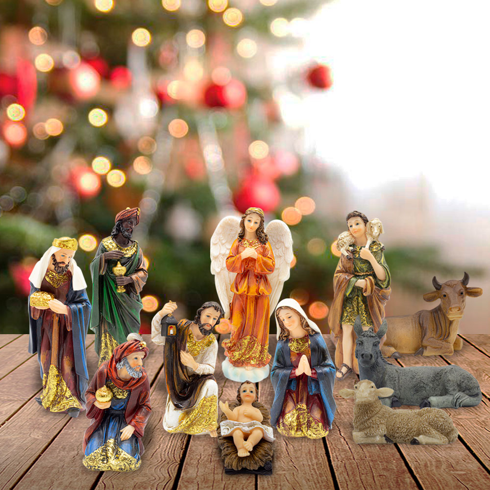 El Nacimiento Navideño Niño Jesús Tradicional 11 pz Resina Resistente Detalles Dorado