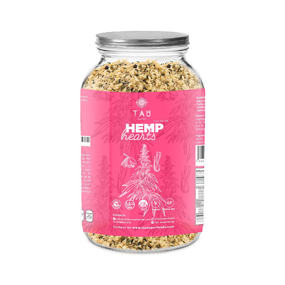 Hemp Hearts Orgánicos 1000 gramos TAU Superfoods en Frasco, Libre de Gluten, sin GMOs, Vegano, Keto