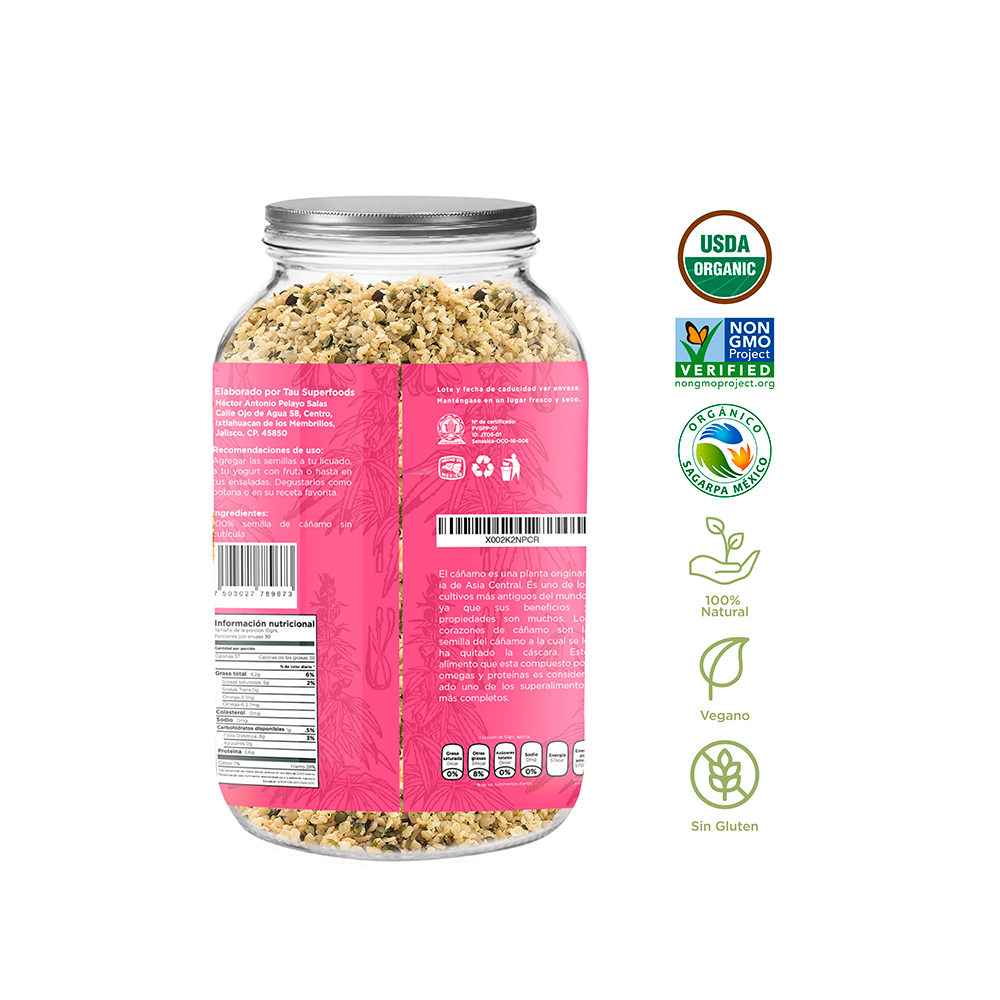 Hemp Hearts Orgánicos 1000 gramos TAU Superfoods en Frasco, Libre de Gluten, sin GMOs, Vegano, Keto