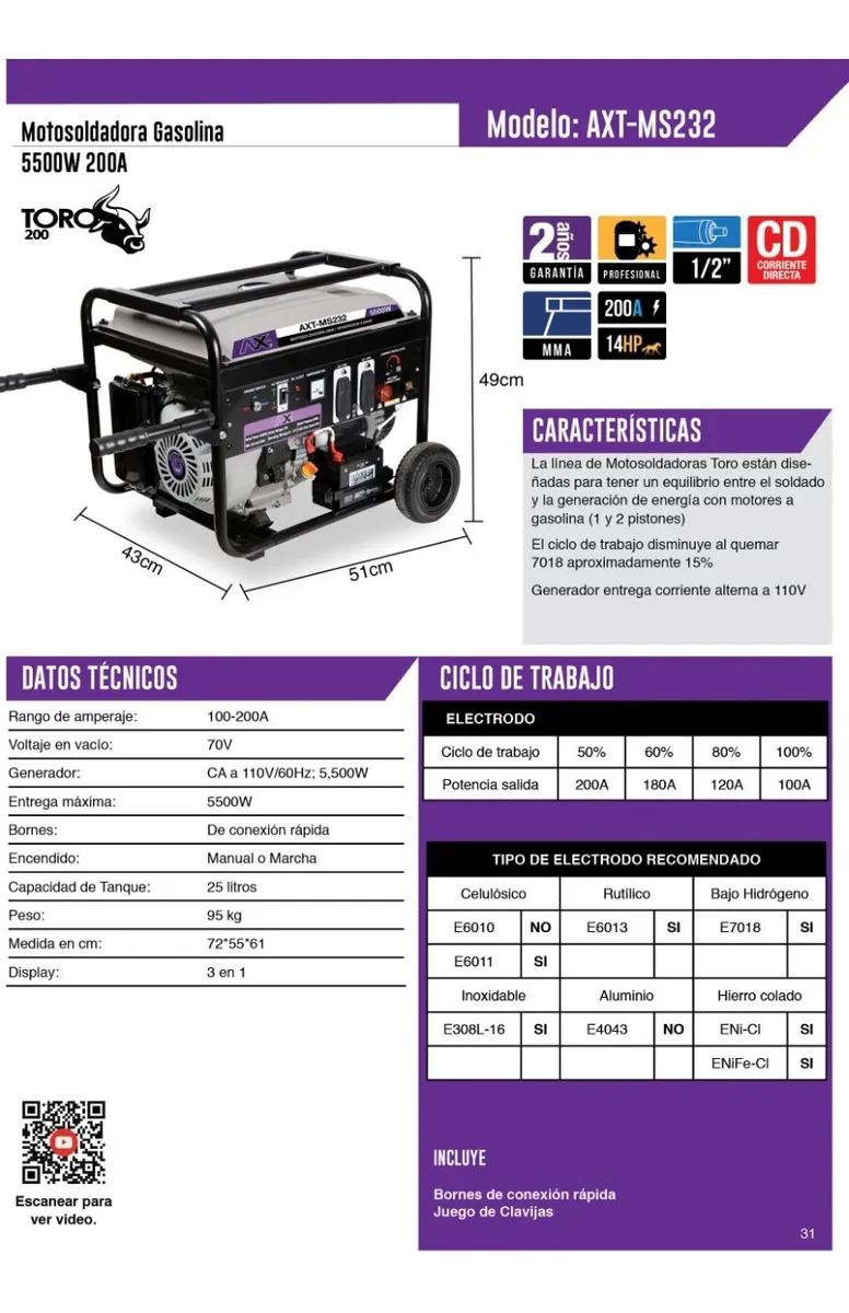 MOTOSOLDADORA GASOLINA 200A, 110V/60Hz, 13HP, 5,000Wtts, CON MARCHA, BATERIA Y LLANTAS