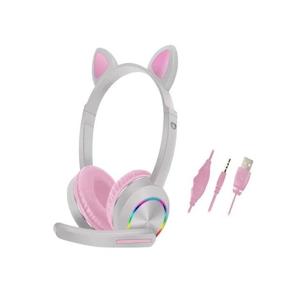 Audífonos Gamer Niños Gato Con Led Cable Aux Micro Color Rosa
